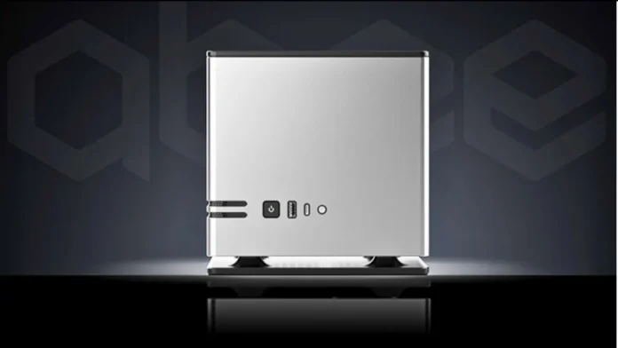 Front view of the Abee AI Station Mini PC with aluminium chassis, power button, and USB ports.