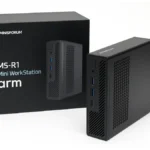 Minisforum MS-R1 Mini PC with CIX P1 ARM processor showcased under blue lighting on a dark background