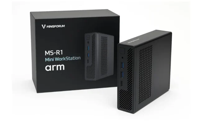 Minisforum MS-R1 Mini PC with CIX P1 ARM processor showcased under blue lighting on a dark background