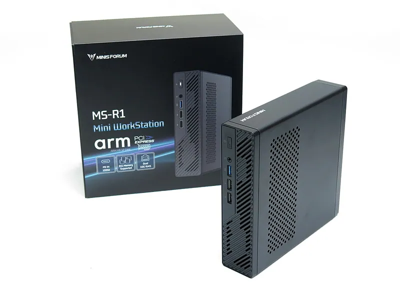 Minisforum MS-R1 Mini Workstation with ARM processor and PCIe slot beside retail box