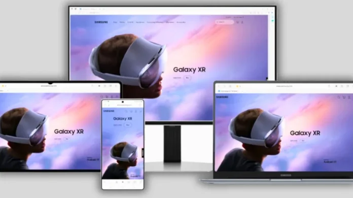 Samsung Galaxy XR headset displayed across devices including laptop, desktop, and smartphone.