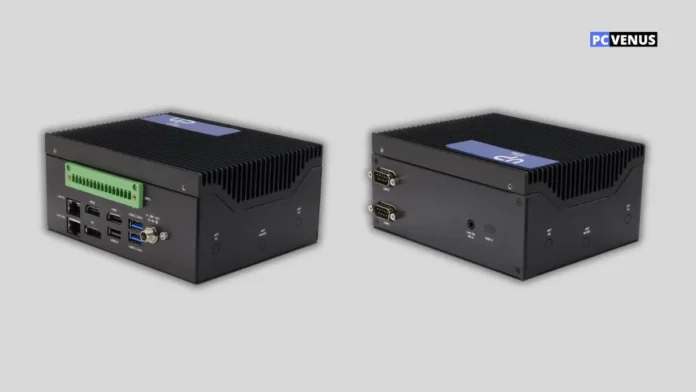 AAEON UP Xtreme ARL Edge mini PC shown in an industrial factory setup.