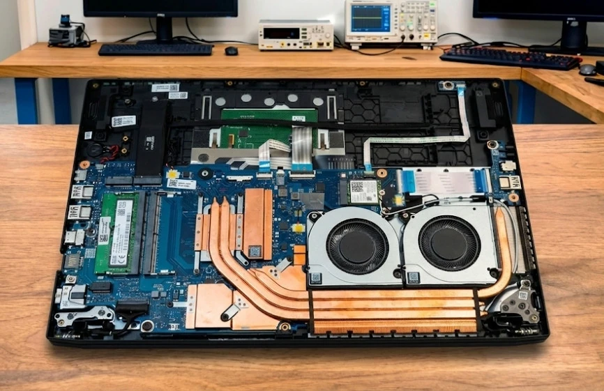 Internal view of Acer Nitro V showing dual cooling fans, heat pipes, memory slots, and motherboard layout