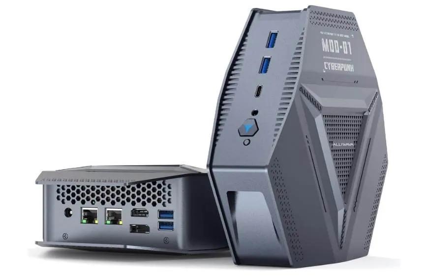 ALLIWAVA GH9 Mini PC shown in vertical and horizontal positions, displaying front and rear ports including USB, Ethernet, and video outputs