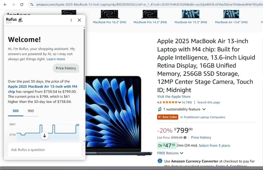 Amazon product page showing Apple MacBook Air M4 pricing, discount percentage, and recent price history graph