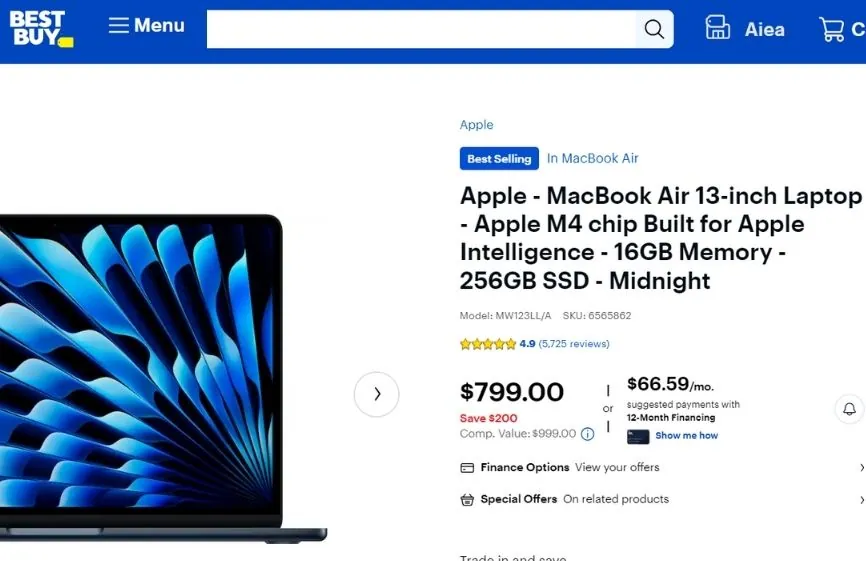 Apple MacBook Air M4 13-inch laptop listed on Best Buy showing discounted price and financing options