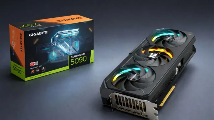 ASUS TUF Gaming GeForce RTX 5090D V2 graphics card with retail box, featuring triple-fan cooling and 24GB memory.