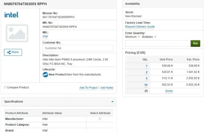Intel Atom P6962-5 processor listed on Mouser with part number NN8076704736305S and pricing details