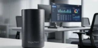 Lenovo Yoga Mini PC With Intel Panther Lake Leaks Ahead of CES 2026 Lenovo Yoga Mini PC placed on an office desk, showcasing its compact cylindrical design ahead of CES announcement