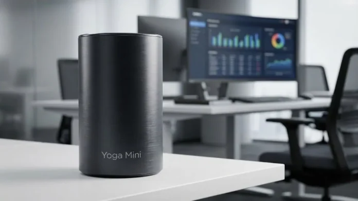 Lenovo Yoga Mini PC placed on an office desk, showcasing its compact cylindrical design ahead of CES announcement