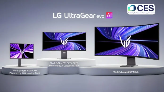 LG UltraGear evo 5K gaming monitors showcasing AI upscaling technology revealed ahead of CES 2026