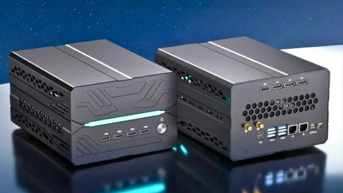 MV10 Mini PC compact chassis showing front and rear ports with RTX 5060 Ti graphics support