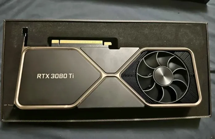 Unreleased NVIDIA GeForce RTX 3080 Ti 20GB engineering sample graphics card shown inside packaging