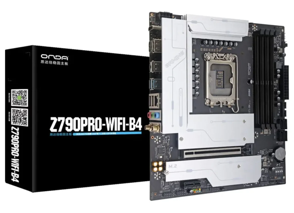 ONDA Z790 WiFi B4 motherboard pictured alongside its retail box, showing Intel LGA1700 socket and silver heatsinks
