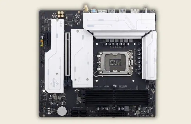 Angled top-down view of the ONDA Z790 WiFi B4 motherboard showing DDR4 memory slots, PCIe slots, and M.2 heatsinks