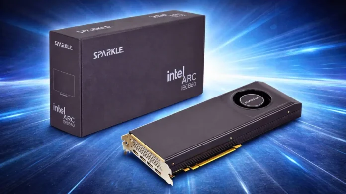 Sparkle Intel Arc Pro B60 graphics card shown with retail packaging
