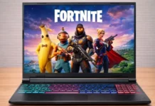 Acer Nitro V 16S AI: Full Specifications, Benchmarks and Our Review Acer Nitro V 16S AI gaming laptop showing Fortnite gameplay on display