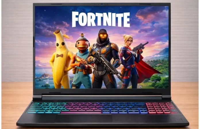 Acer Nitro V 16S AI gaming laptop showing Fortnite gameplay on display
