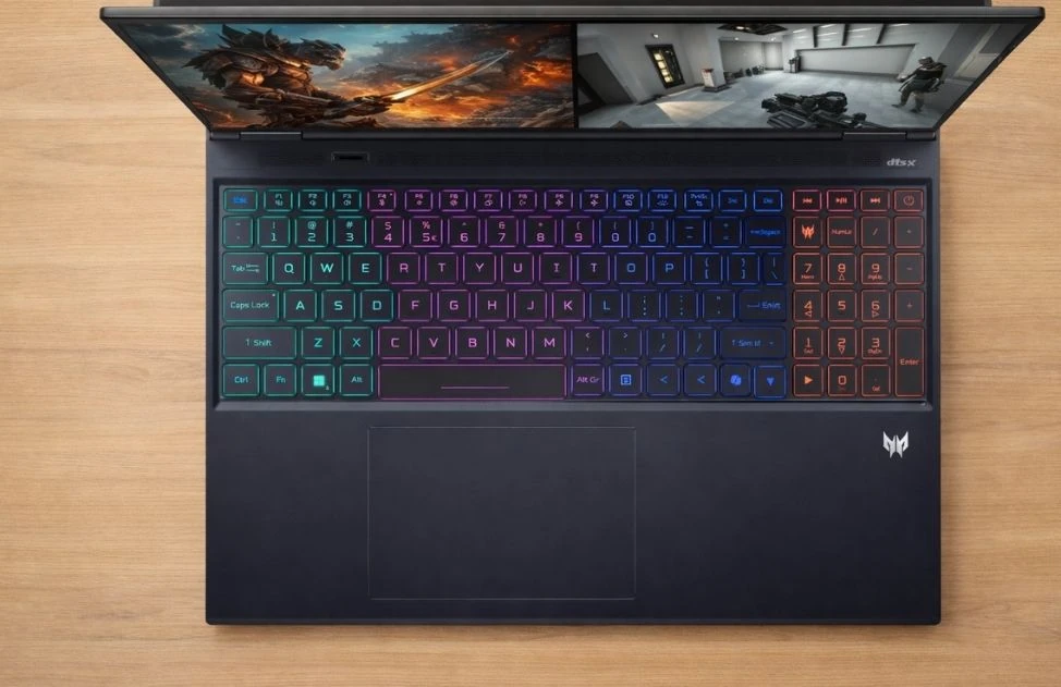 Top-down view of Acer Predator Helios Neo 16S AI showing RGB keyboard and large touchpad