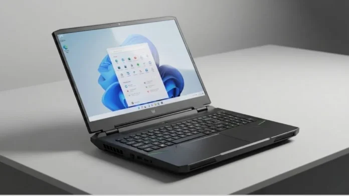 Acer Predator gaming laptop displayed on a desk with Windows 11 interface and backlit keyboard visible