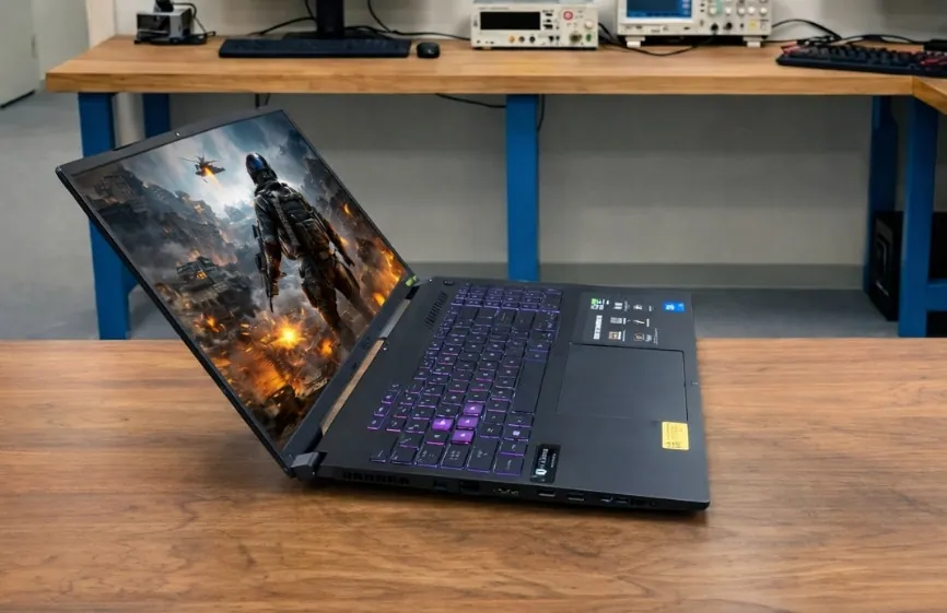 Angled view of ASUS TUF A16 gaming laptop on a wooden desk with a game running on the display