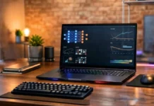 high performance laptop running AI and machine learning workloads with data visualization charts on screen