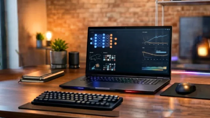 high performance laptop running AI and machine learning workloads with data visualization charts on screen