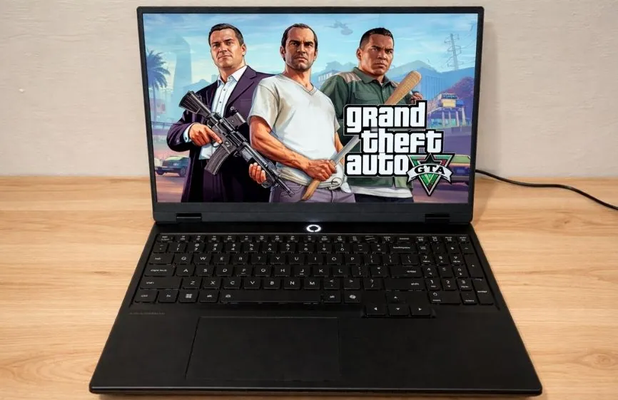 Lenovo Legion 5i gaming laptop showing GTA V running on the display