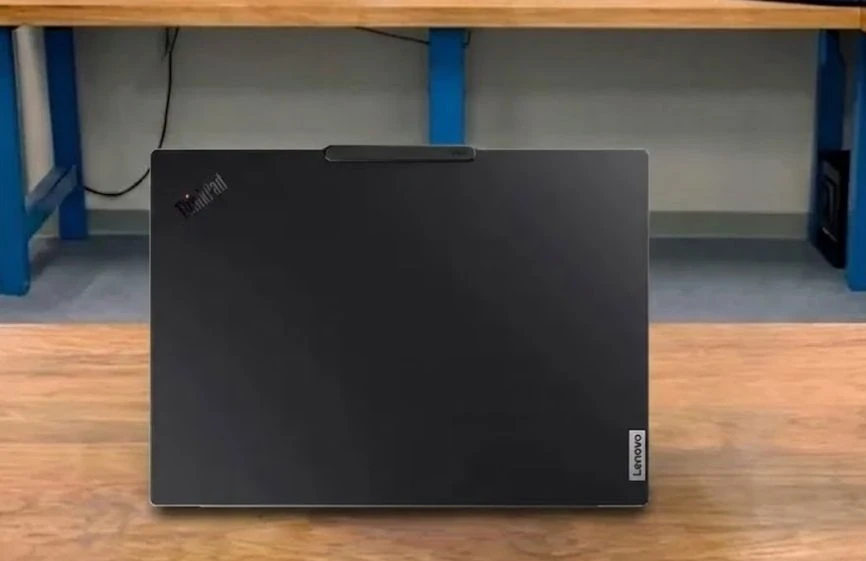 Rear view of Lenovo ThinkPad P14s with lid closed showing ThinkPad branding and hinge placement