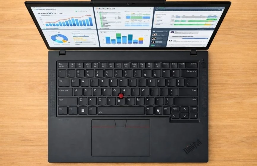 Top-down view of Lenovo ThinkPad P14s showing full-size keyboard, TrackPoint, and wide display