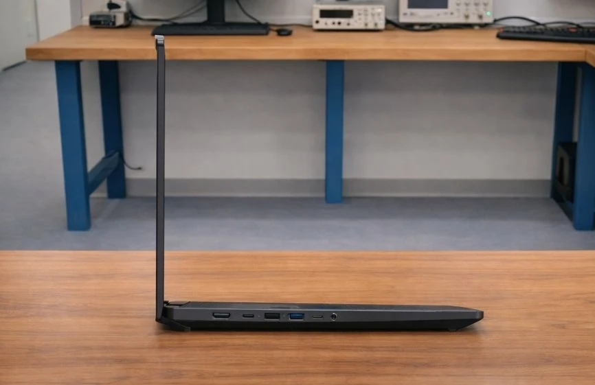 Left-side profile of Lenovo ThinkPad P14s USB ports, audio jack, and slim chassis design