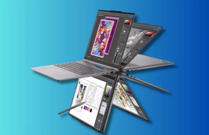 Lenovo Yoga 7i Aura Edition displayed in multiple angles showing creative and design workflows