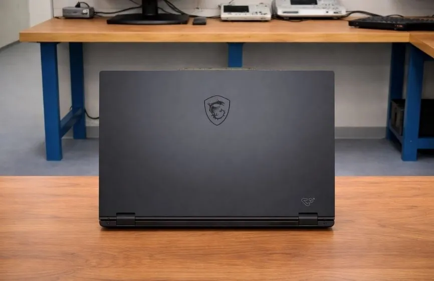 Closed lid rear view of MSI Cyborg 17 showing MSI dragon logo and hinge placement