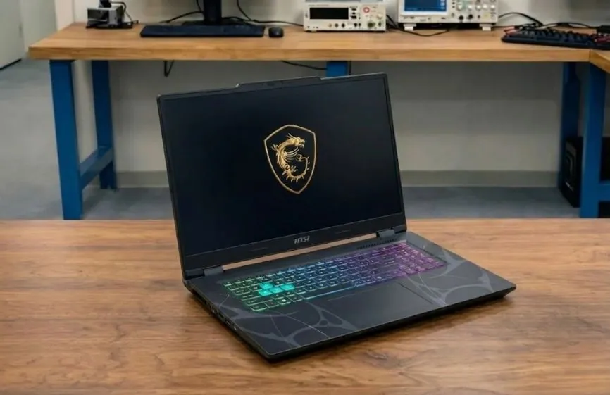 MSI Cyborg 17 gaming laptop placed on a desk with RGB keyboard lighting and MSI logo displayed on screen