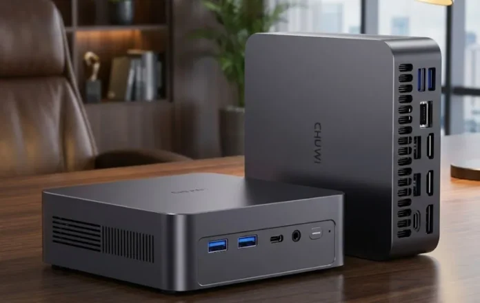 Chuwi AuBox X1 compact Copilot+ mini PC on desk setup