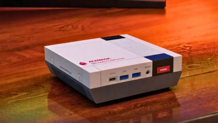 ACEMAGIC Retro X5 Mini PC showing front panel with Type-C, USB ports, audio jack, and power button