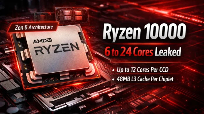 AMD Ryzen 10000 Zen 6 processor leak showing 6 to 24 core configurations