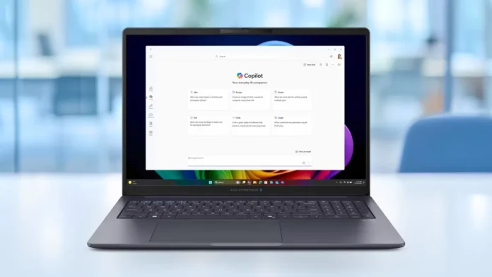 ASUS ExpertBook B3 G2 laptop front view with Windows Copilot interface on display