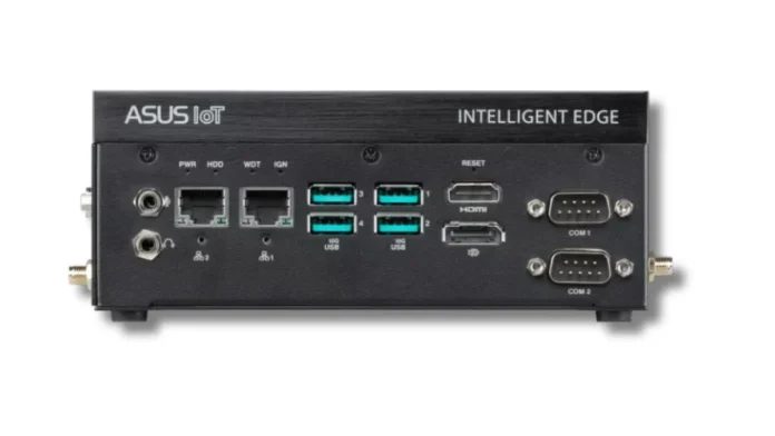 ASUS PE1000U fanless industrial edge PC front panel with Ethernet, USB, HDMI, and COM ports