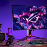 ASUS ROG Swift OLED PG32UCDM3 OLED gaming monitor on RGB desk setup