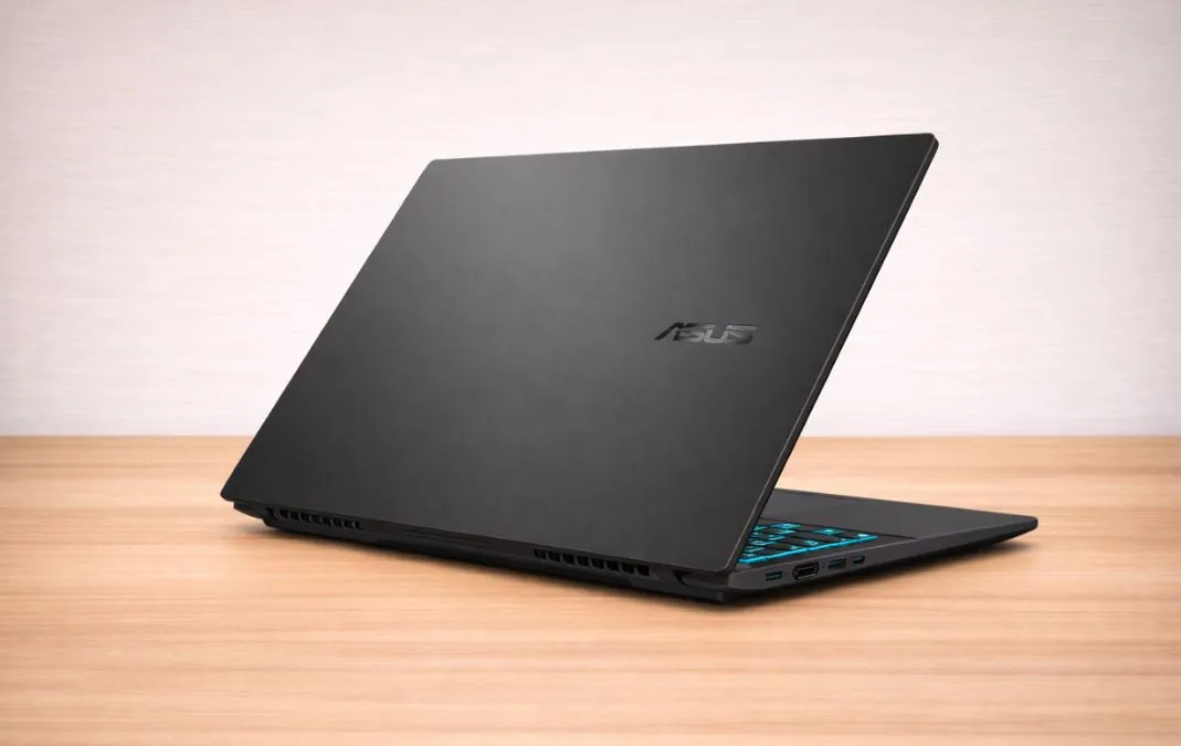 ASUS V16 gaming laptop rear angled view with closed lid