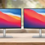 BenQ MA320UG and MA270S monitors in dual setup for Mac with slim bezels and aluminum stands