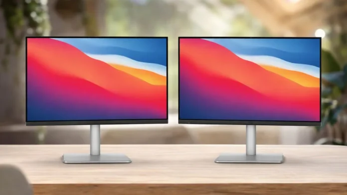 BenQ MA320UG and MA270S monitors in dual setup for Mac with slim bezels and aluminum stands