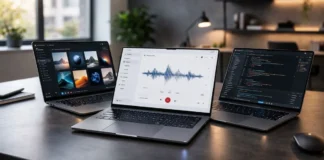 5 Best Budget AI Laptops in 2026 (Tested & Compared) Three modern laptops running AI software, coding tools and creative apps on a desk setup