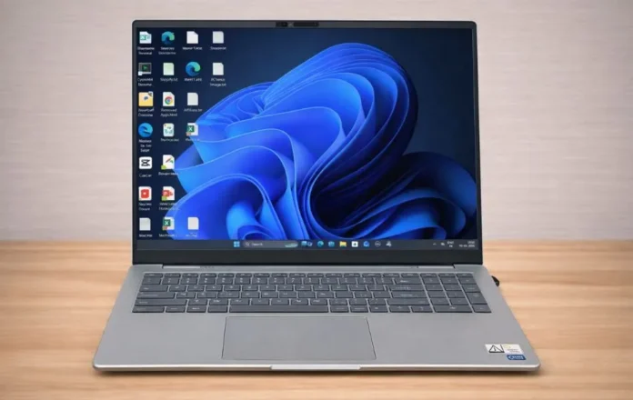 Dell 14 Plus laptop with Windows desktop and multiple applications