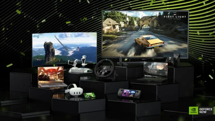 GeForce NOW cloud gaming running across TV, laptop, handheld, and VR devices