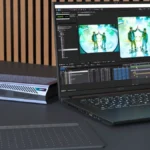 Gigabyte Aorus RTX 5060 Ti Thunderbolt 5 external GPU connected to a laptop for high-performance graphics