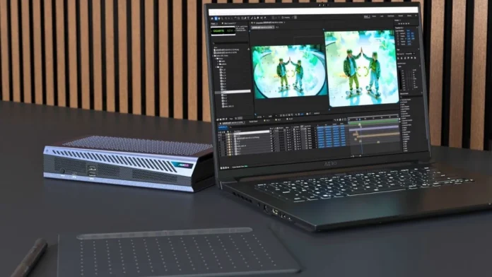 Gigabyte Aorus RTX 5060 Ti Thunderbolt 5 external GPU connected to a laptop for high-performance graphics