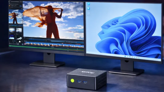 GMKtec G3 Pro Mini PC powering a dual 4K monitor workstation setup.