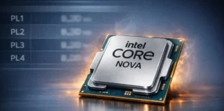 Intel Nova Lake Leak Suggests 854W PL4 Power Spike for K-Series CPUs Intel Core Nova processor with highlighted PL1, PL2, PL3 and PL4 power levels showing extreme power spike